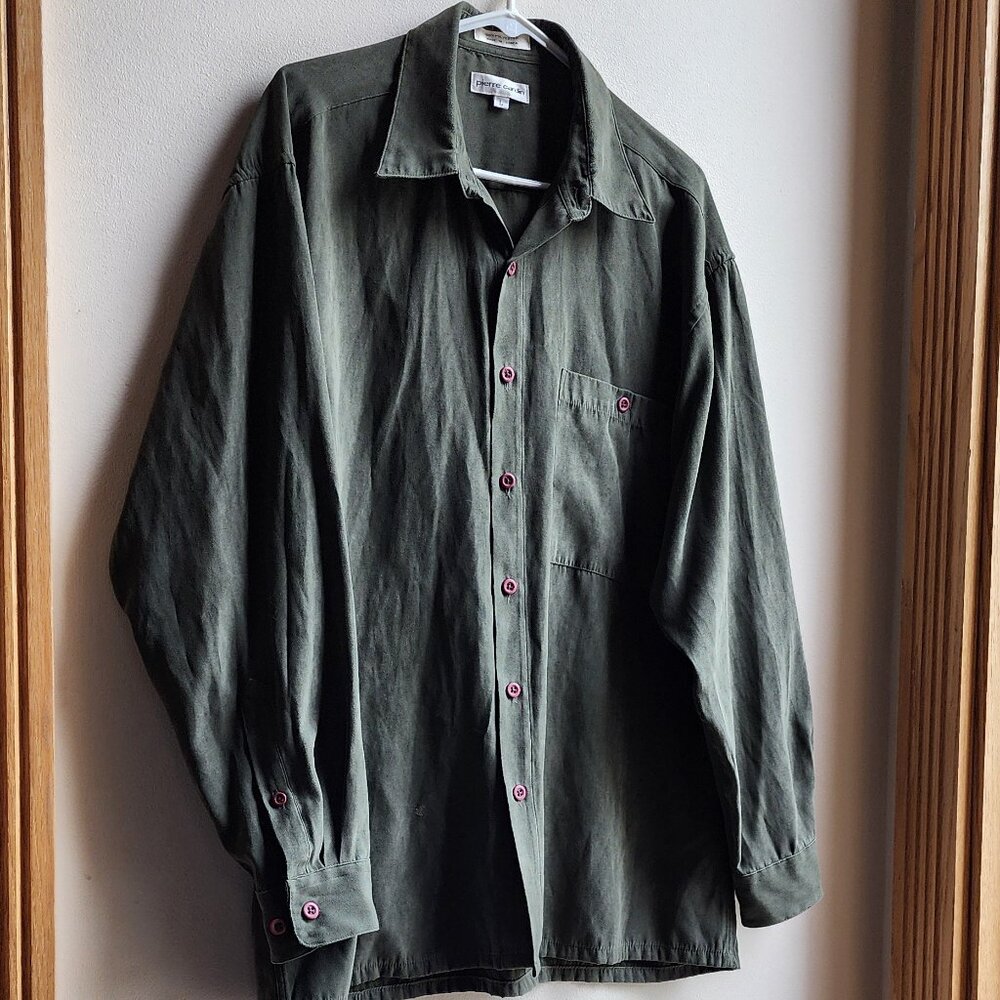 Pierre Cardin Green Faux Suede Button Down Shirt Size Large - Picture 3 of 13